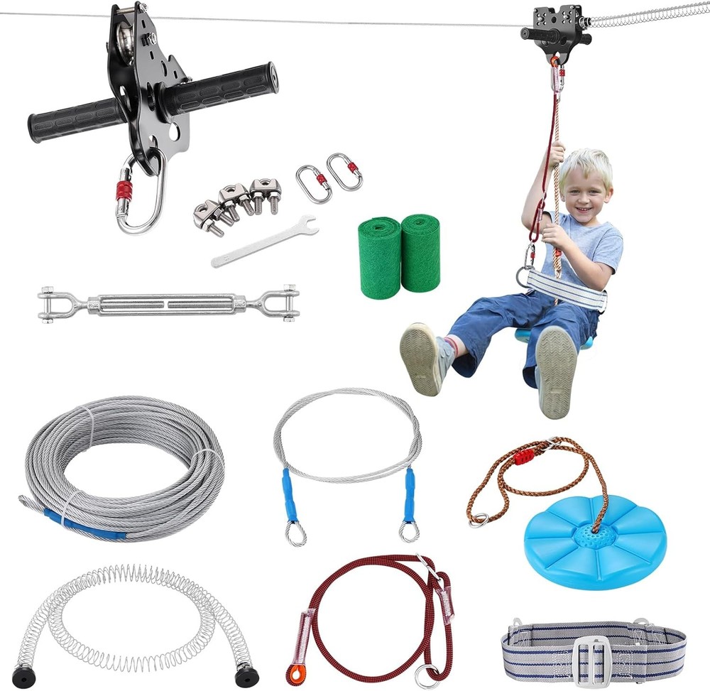 Zipline Kit Backyard 100ft 330lb Swing Seat Steel Trolley Brake Outdoor Set Blue