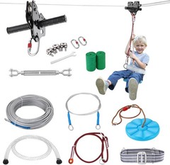 Zipline Kit Backyard 100ft 330lb Swing Seat Steel Trolley Brake Outdoor Set Blue