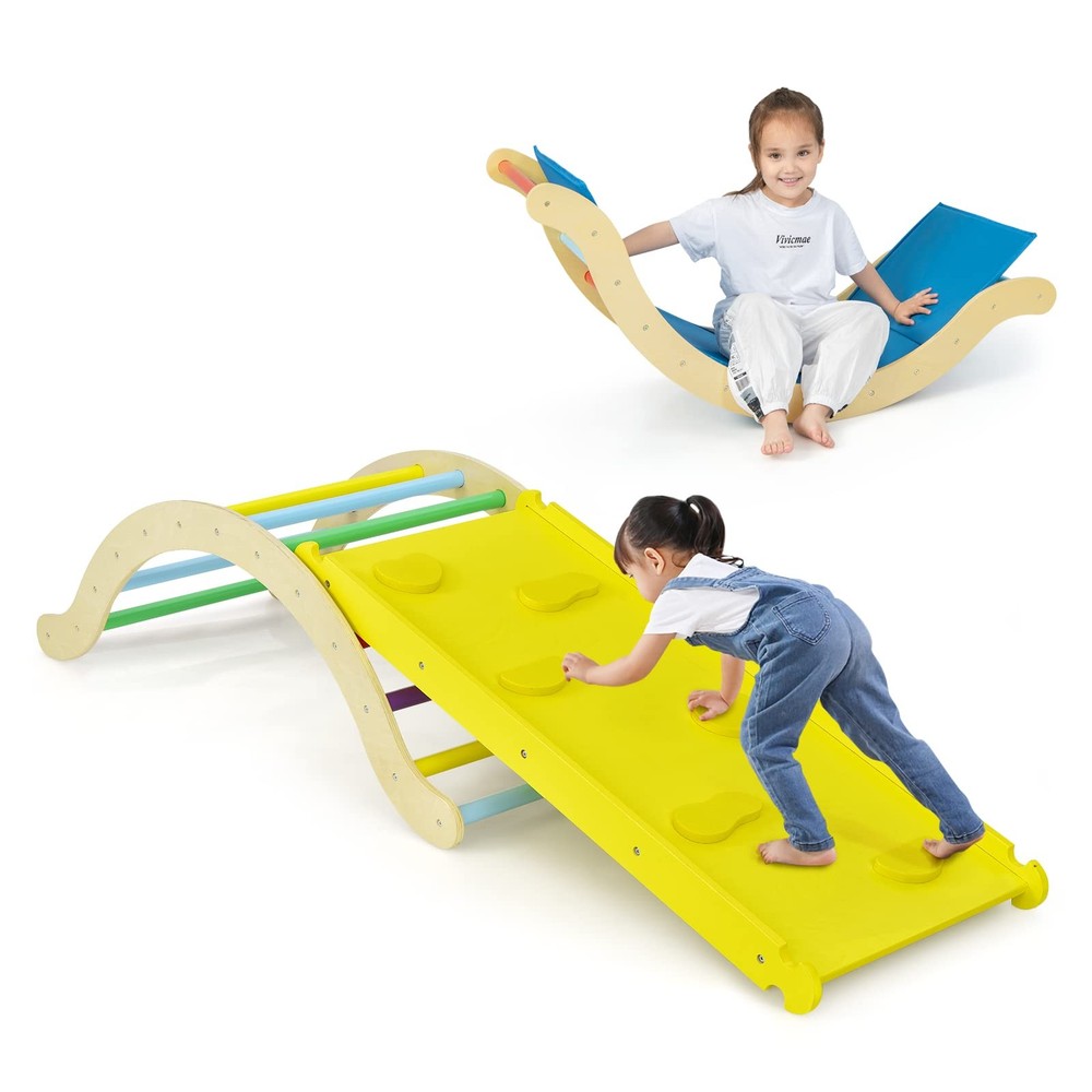 HONEY JOY Wooden Ladder Arch for Climbing, 3 in 1 Kids Climber Ladder & Rocker B