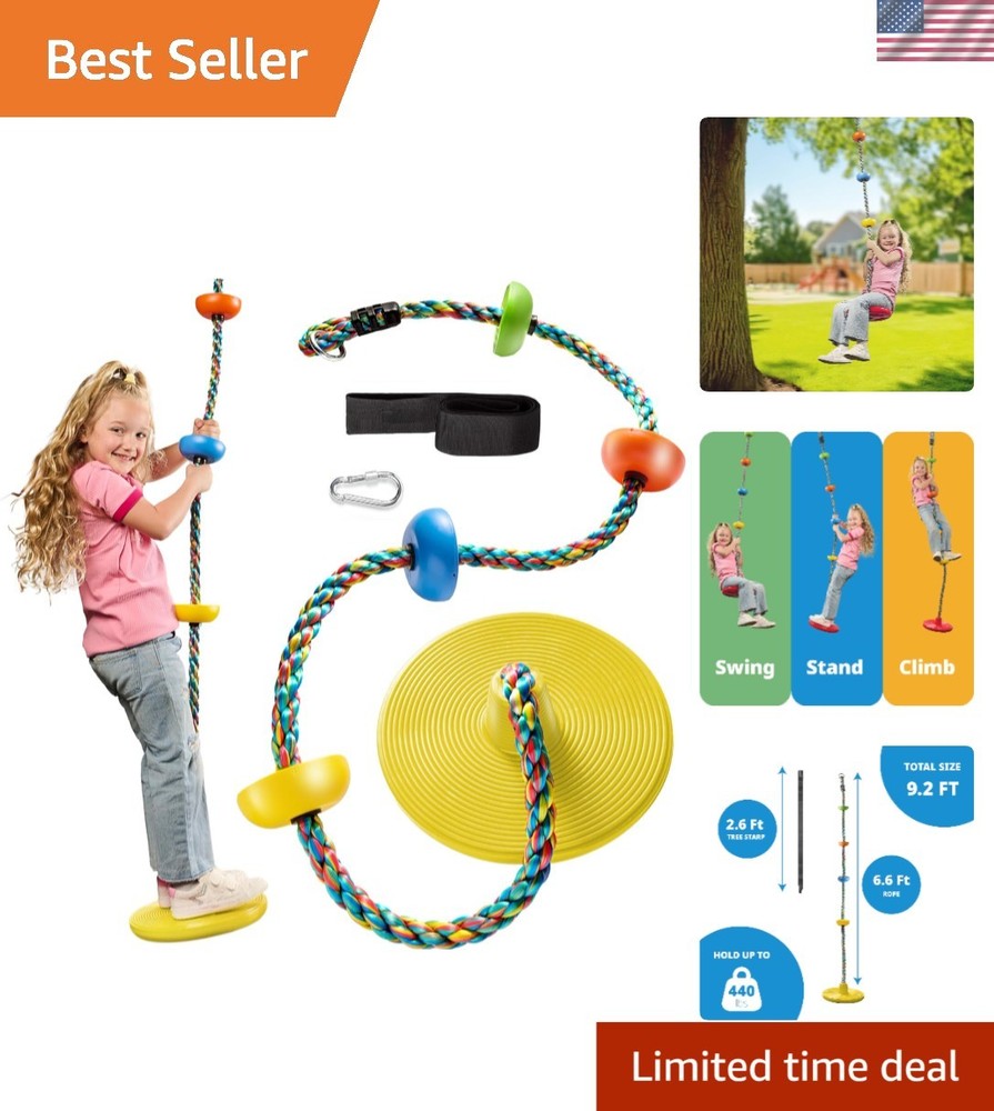 Single Disc Tree Swing for Kids w/ Rainbow Climbing Rope & Safety Carabiner