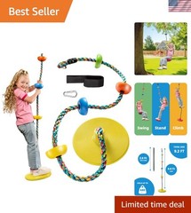 Single Disc Tree Swing for Kids w/ Rainbow Climbing Rope & Safety Carabiner