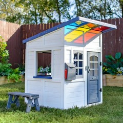 Teamson Kids Rainbow Shade Wooden Playhouse with Kitchen, Flower Box & Bench