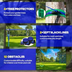 Ninja Warrior Obstacle Course for Kids Backyard – 2×50Ft Slackline Kit