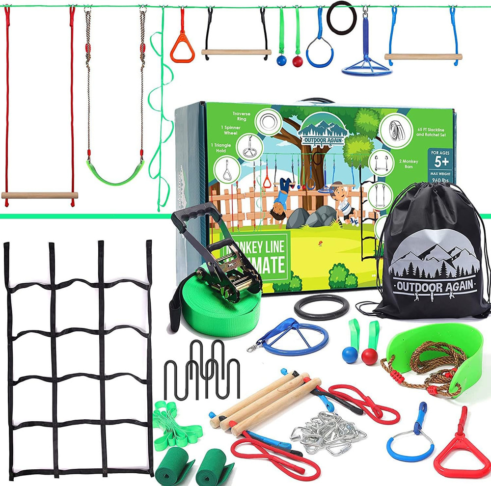 Ninja Warrior Obstacle Course for Kids – 2 X 65Ft Slackline with 13 Obstacles, W