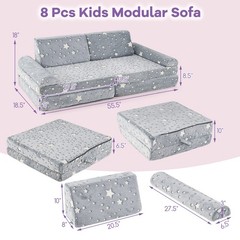 8 Pieces Modular Kids Play Couch Glow in Dark Toddler Sectional Sofa Gray Foam