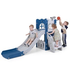 6-in-1 Kids Indoor Slide Playset w/Basketball Hoop, Telescope, Climbing Ladder