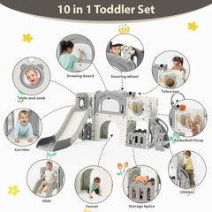 10 in 1 Toddler Slide Set w/ Drawing Board, Climber, Basketball Hoop, Telescope