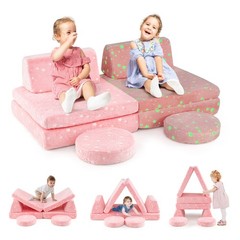 Modular Kids Play Couch Set Glow in Dark Portable Handles Pink Soft Foam Sofa