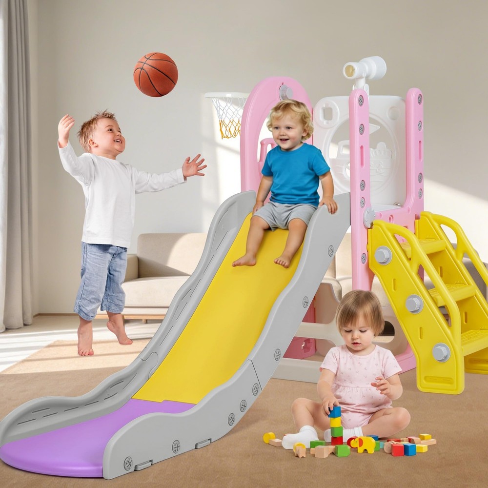 6 in 1 Toddler Playset Toddler Slide and Climber Playset, L-Shaped Kids Slide…