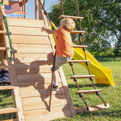 Endeavor Cedar Wood Swing Set with Wave Slide Play Deck Double Rock Wall Rope La