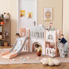 All in 1 Toddle Slide Playset Freestanding Kids Slide w/ Tunnel, Basketball Hoop