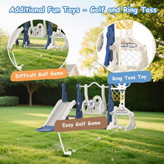 6-In-1 Toddler Slide & Swing Set W/ Adjustable Basketball Hoop, Golf & Ring Toss