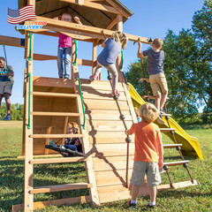 Endeavor Cedar Wood Swing Set with Wave Slide Play Deck Double Rock Wall Rope La
