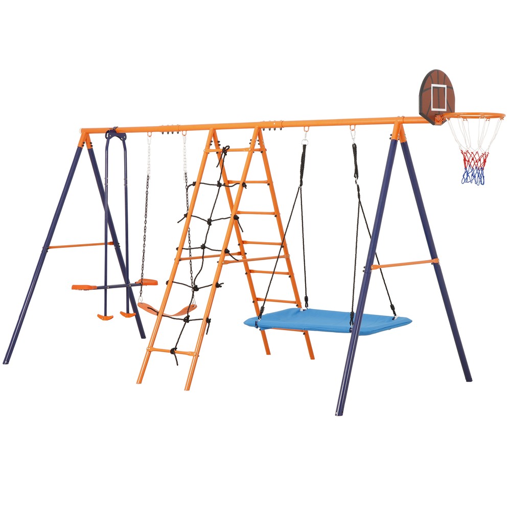 Swing Sets for Backyard 6 in 1 440lbs Capacity Metal w/ 2 Swings Climbing Ladder