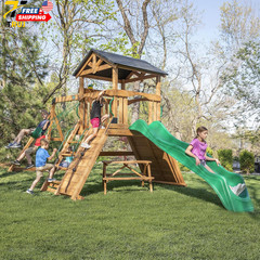 Backyard Discovery Endeavor II Cedar Wood Swing Set with Wave Slide Play Deck