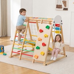 9-in-1 Kids Playground, Foldable Wooden Climbing Frame Slide Swing for Ages 3+