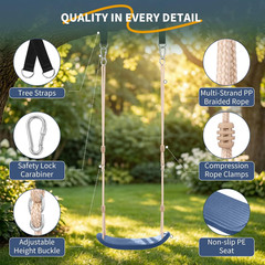 Kids Heavy Duty Tree Swing Seat 264LB Weatherproof w/ Straps & Carabiners Blue