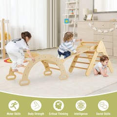 3-in-1 Kids Climber Set Toddler Wooden Play Arch with Sliding and Climbing Ramp