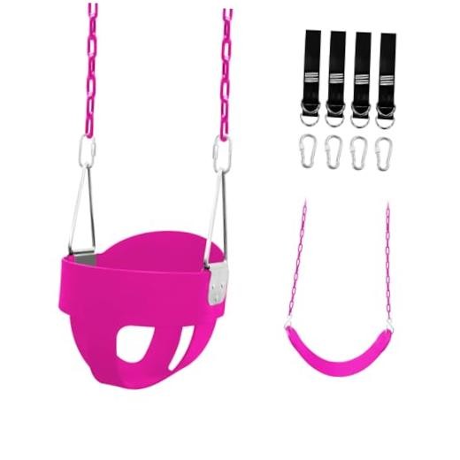 Toddler Bucket Swing Set, High Back Full Enclosed Swing Seat with 4 Rose Red