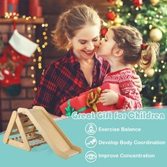 4 in 1 Wooden Climbing Set w/ 3-Side Triangle Climber & Sliding Board Natural