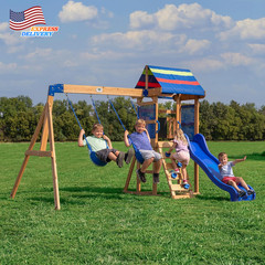 Cedar Wood Swing Set with Wave Slide Play Deck Rock Wall Ladder Belt Swings Chal