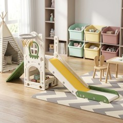 Qaba Foldable 5 in 1 Toddler Slide with Climber, Basketball Hoop, Storage