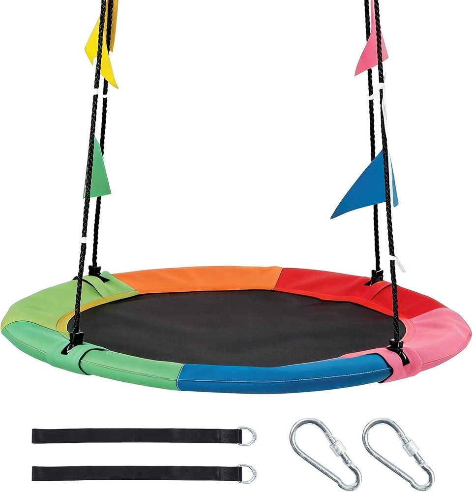 40Inch Colorful Round Saucer Tree Swing Set w/Flag Decor&Adjustable Hanging Rope