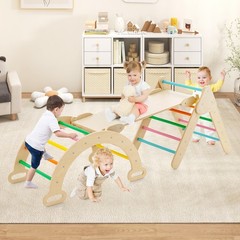 3-in-1 Kids Climber Set Toddler Wooden Play Arch with Sliding and Climbing Ramp