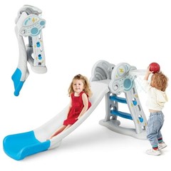 Toddler Slide, 3 in 1 Foldable Kids Slide Indoor Slideway with Basketball Blue