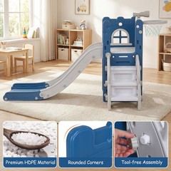 6-in-1 Kids Indoor Slide Playset w/Basketball Hoop, Telescope, Climbing Ladder