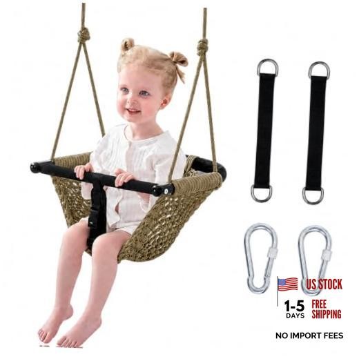 Kids Swing Seats Indoor Hand-Made Net Swing with Adjustable Rope Tree Khaki