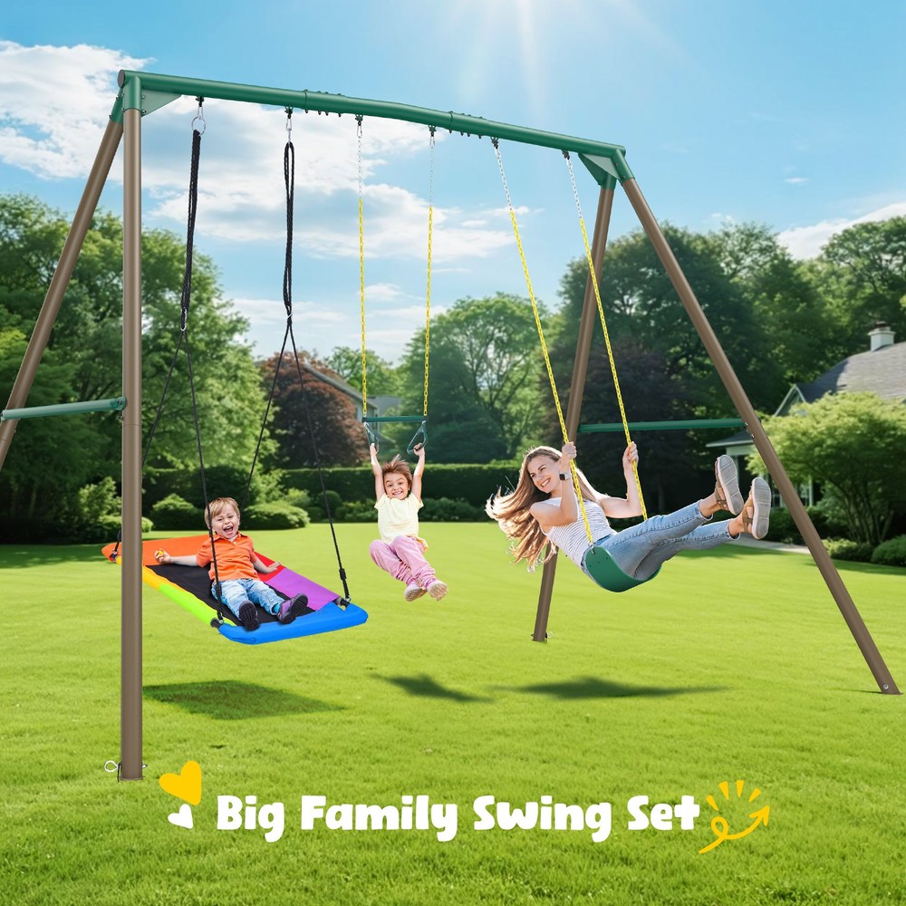 Hapfan 700lb 9.5′ Tall Heavy Duty Metal Swing Set with 3 Swings Outdoor Swingset