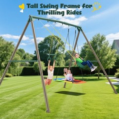 9.5ft Tall Heavy Duty Swing Set for Kids Metal Playset with 3 Swings Trapeze Bar