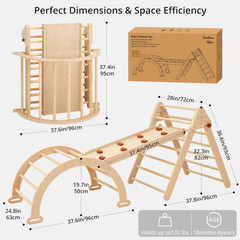 Foldable Pikler Triangle Climbing Set for Kids, 7 in 1 Montessori Large Wooden C