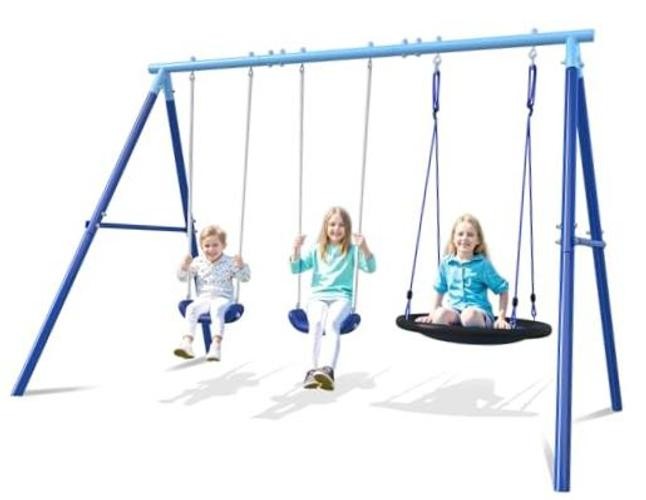 3-in-1 Swing Set for Backyard for Kids 3-8, 550lbs, Heavy Duty Metal A Blue