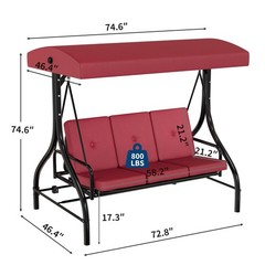 Red 3-Seat Patio Swing, 180° Reclining Bed, Adjustable Canopy, 800lb Steel