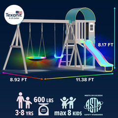 Amelia Galaxy Cedar Wooden Swing Set for Night Play with 2 LED Swings, Play Fort