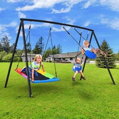 4 IN1 Heavy Duty Metal Swing Set Kids Backyard Playset with 3 Swings for Outdoor