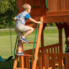 Backyard Discovery Skyfort II Cedar Wood Swing Set with Wave Slide, Brown