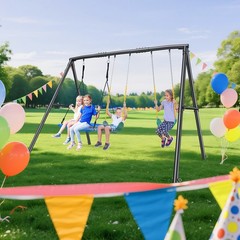 Hapfan Metal Swing Set Outdoor Play Kids Backyard Playset Heavy Duty w/3 Seats