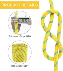 1/2in x 150ft Arborist Rope – 9000lb Breaking Strength Static Climbing Line, Pol