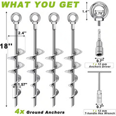 18 In. Heavy Duty Metal Ground Anchors, Earth Auger Stakes for Trampoline, Swing