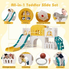 All in 1 Toddle Slide Playset Freestanding Kids Slide w/ Tunnel, Basketball Hoop