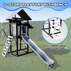 Wooden Swing Set 2 Swings Trapeze Play Fort Rock Climber Bench Slide Sandbox