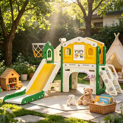 9-In-1 Toddler Slide Playground W/ LED Lights, Basketball Hoop & Drawing Board,