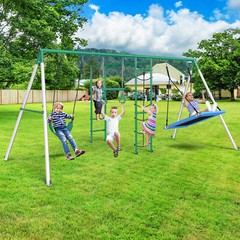 Heavy Duty Metal Swing Set Playground Set for Backyard w/Monkey Bar Climbing Net