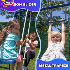 Arcadia Metal Swing Set for Kids Trapeze 2 Person Glider 5ft Slide Outdoor Backy