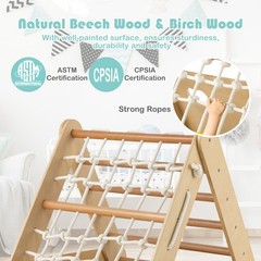 4 in 1 Wooden Climbing Set w/ 3-Side Triangle Climber & Sliding Board Natural