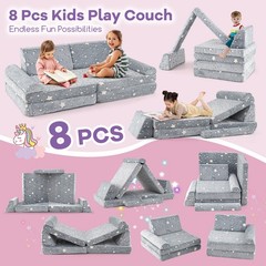 8 Pieces Modular Kids Play Couch Glow in Dark Toddler Sectional Sofa Gray Foam