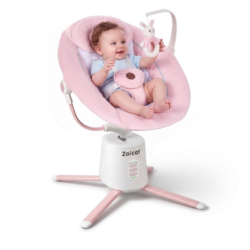 Zoicay Upgraded Baby Swing for Infants: Deep Seat, Smooth, BT App/Remote (Pink)